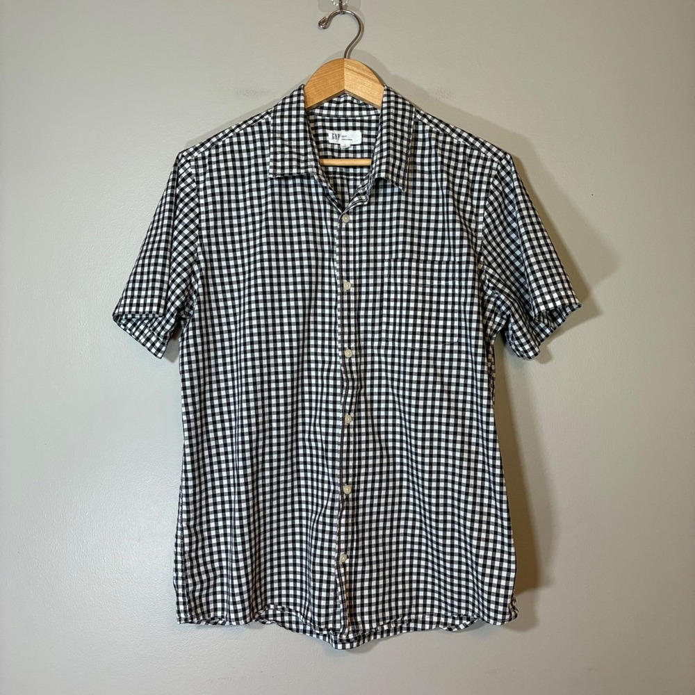 Gap Mens Slim Fit Stretch Poplin Gingham Short Sleeve Button Down Shirt Black L